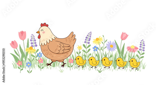 A mother hen and her chicks walking through a colorful garden with flowers.