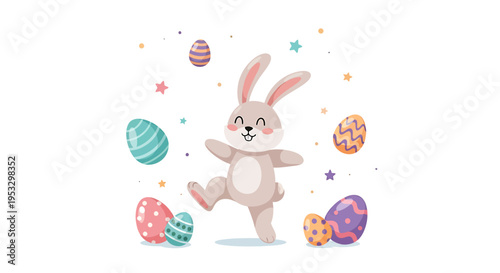 A cute cartoon bunny dancing with Easter eggs.