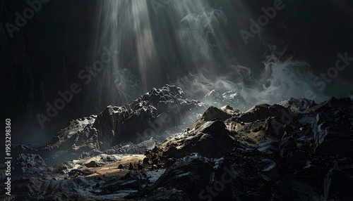 A sunlit, misty mountainscape with a dark, cavernous backdrop and dramatic beams of light piercing through