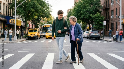 A young man and an elderly woman crossing a street with a cane.