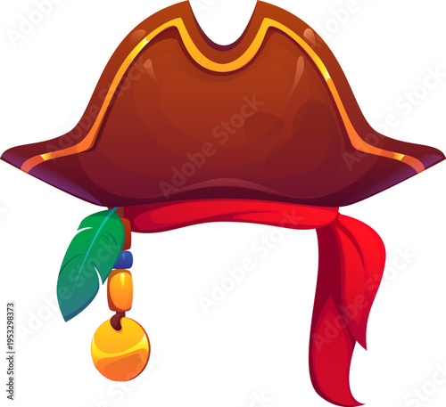 Pirate tricorn hat or corsair and captain headwear with bandana headband, cartoon vector. Caribbean pirate tricorn hat with feather and golden trinket decoration, sailor filibuster and boatswain hat