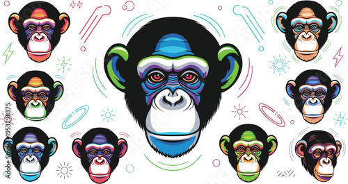 Colorful monkey face set with vibrant neon style, pop art animal portraits collection, modern abstract primate illustrations for creative design