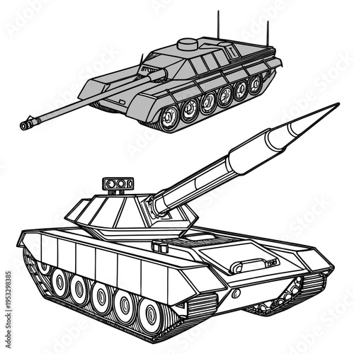Two military tanks with guns and missiles on a white surface for combat or defense purposes in a simple line drawing style