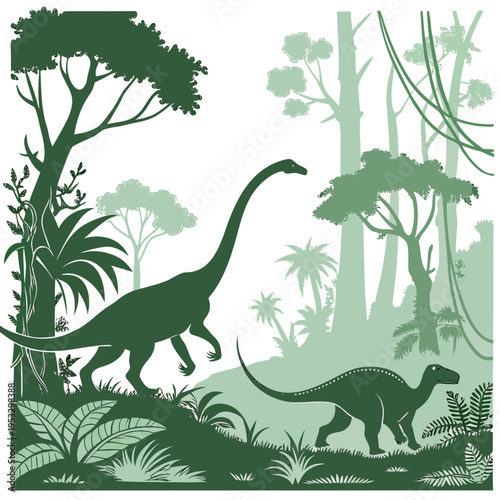 Two green dinosaurs walking through a prehistoric forest with trees and plants in various shades of green
