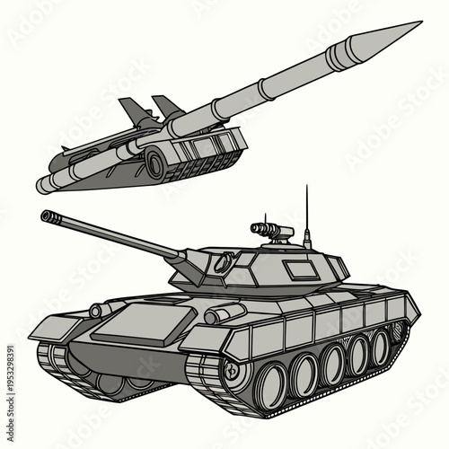 Military tank and missile launcher for defense and warfare concepts