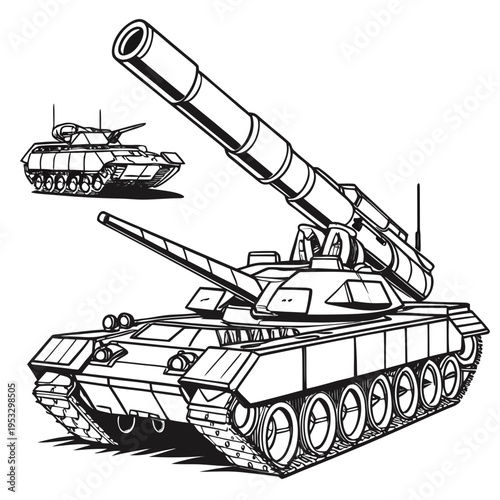 Black and white illustration of two military tanks with large cannon