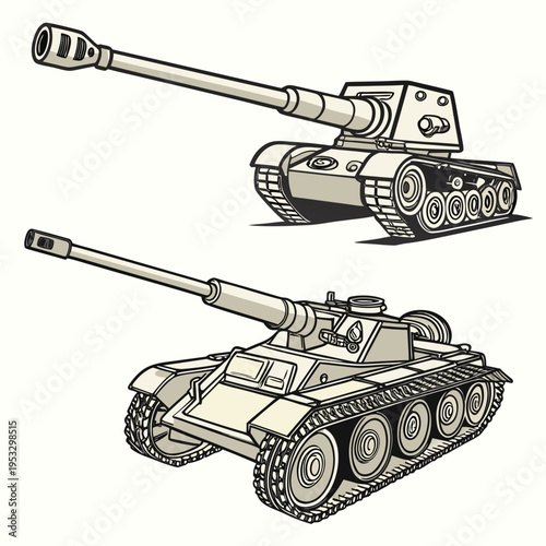 Two tanks with long guns are shown in a line drawing style on a for military or vehicle designs