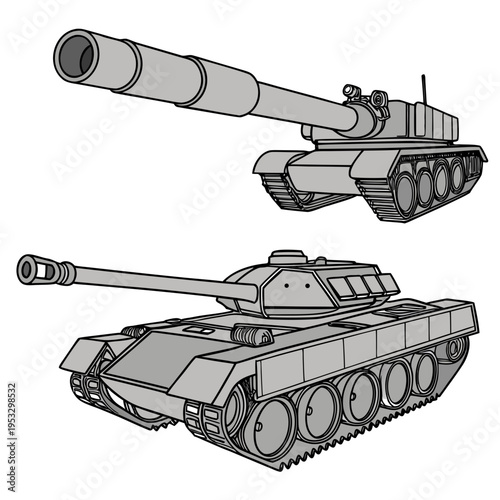 Two grey military tanks with long guns on isolated for army or defense concepts