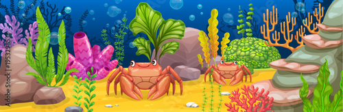 Underwater landscape game background with crabs and seaweeds. Cartoon vector aquatic ocean wildlife, sea coral reef with crab, algae plant and rocks. Tropical marine nature with habitat and ecosystem