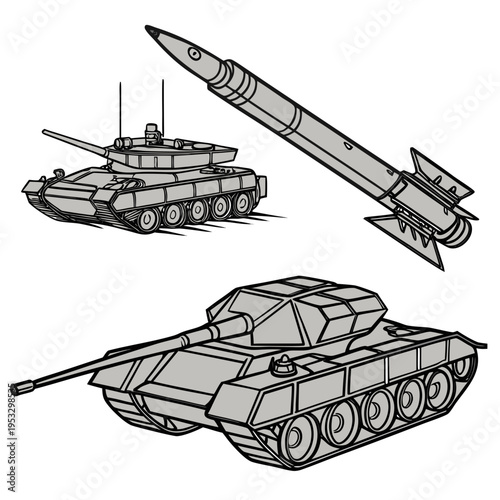 Military vehicles and weapons including tanks and missiles for defense and warfare