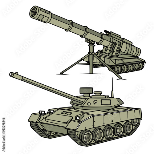 Military tank and self propelled howitzer on for army and defense concepts