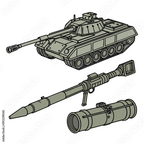 Military tank with missile and launcher for army and weapon concepts
