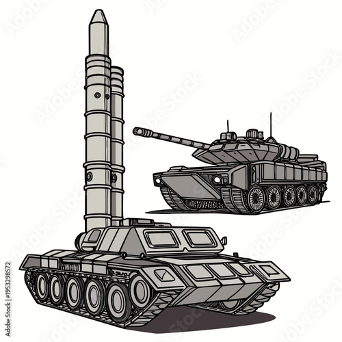 Military vehicles with missile launcher and tank on for design