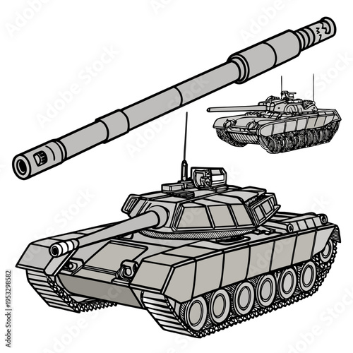 Military tank with long barrel and smaller tank in background for warfare designs
