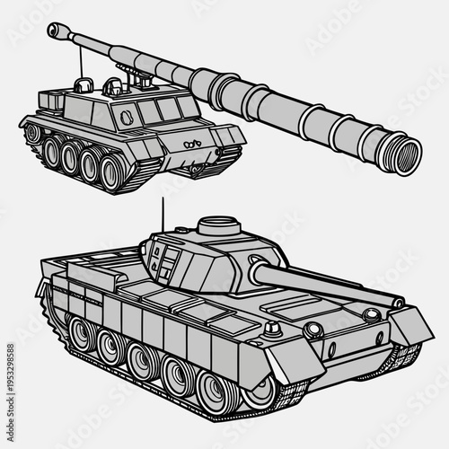 Detailed illustration of a military tank with long barrel and tracks
