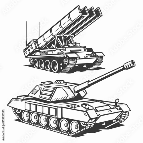 Military vehicles, tank and missile launcher, illustration