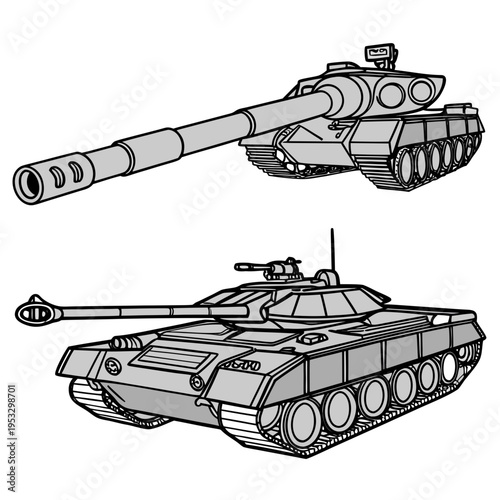 Two military tanks with long guns and treads for game or design use