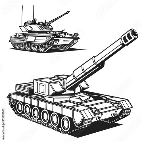 Two military tanks with guns in a black and white illustration