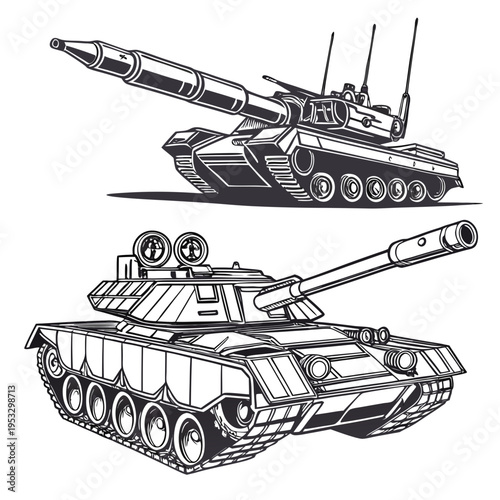 Two military tanks with guns in a black and white illustration