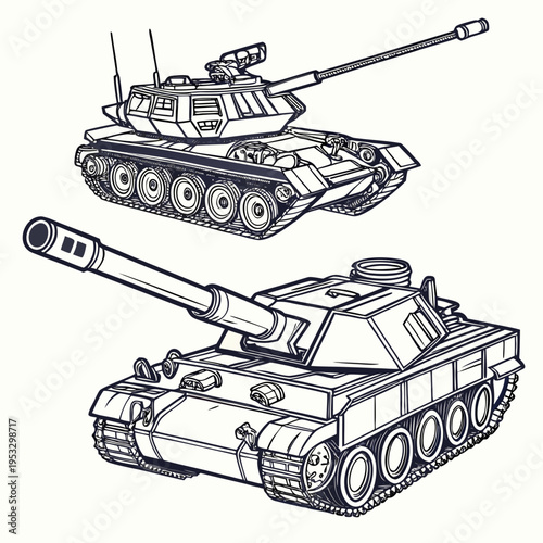 Two military tanks with long guns on pure for coloring book pages