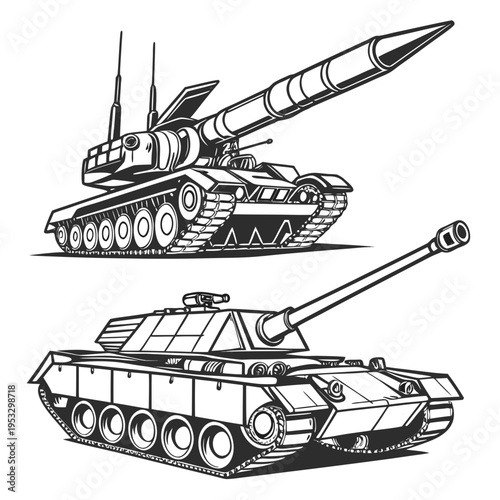 Two military tanks with missile and cannon on isolated in black and white line art