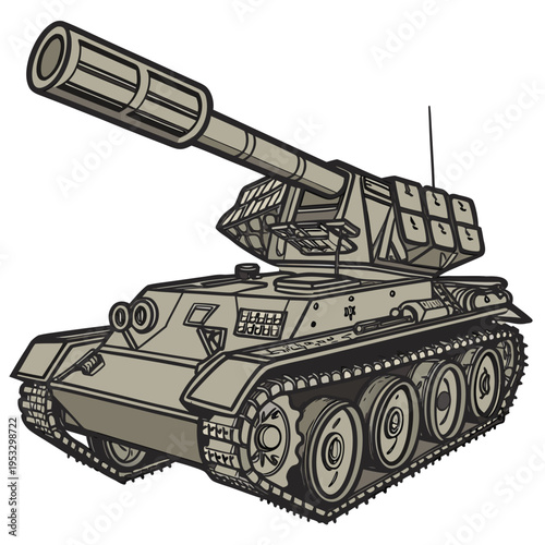 A gray military tank with a long barrel gun on top for design and editorial use