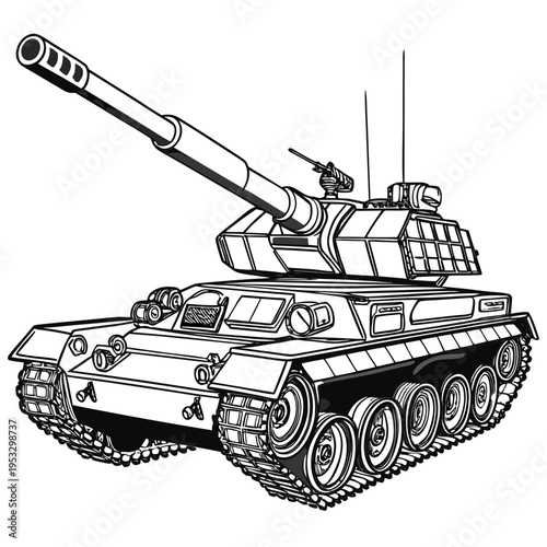 A black and white illustration of a tank with a long barrel and antennae