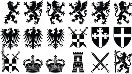 Collection of medieval heraldic symbols including lions eagles shields crowns swords and castle icons in black silhouette style