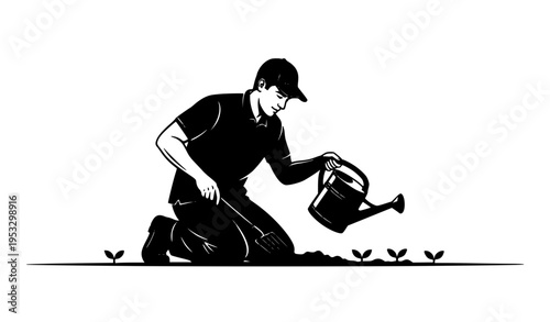Kneeling gardener silhouette watering plants and working soil minimal black vector design