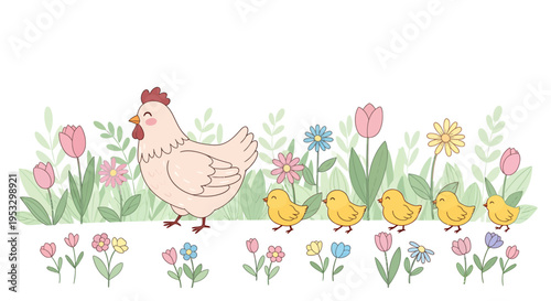 chicken walking through colorful spring flowers.