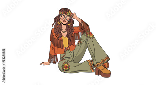 A cartoon woman in casual clothing sitting on the floor with a relaxed pose.