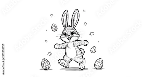 A cute cartoon bunny dancing with Easter eggs and stars.