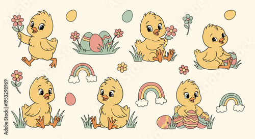A group of cute cartoon chicks playing outside on Easter.