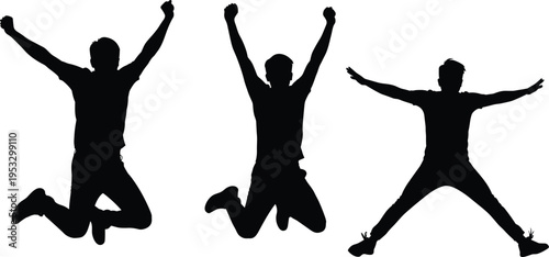 Happy jumping man silhouette set celebrating success, winner pose excitement achievement vector illustration isolated design