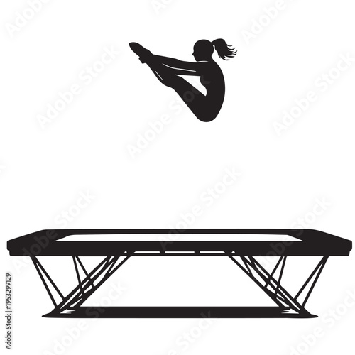 Vector silhouette of a female artistic gymnast jumping on a trampoline, showing graceful motion and balance, with clean shapes capturing training and athletic energy.