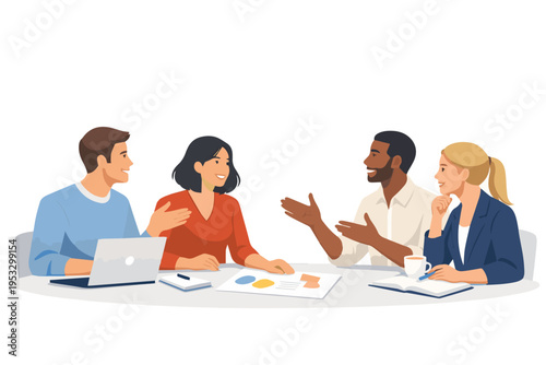 Minimalist vector illustration of four young people in a business discussion, featuring simple shapes and clear gestures, representing teamwork, strategy, and professional collaboration.