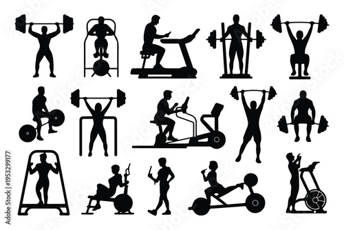 Black silhouettes of people exercising with gym equipment