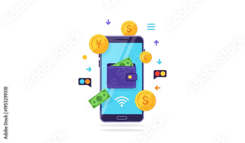 Colorful mobile money icon with smartphone digital wallet and online payment concept flat vector illustration