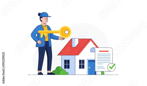 Ownership concept vector with person holding key house and property agreement flat design illustration