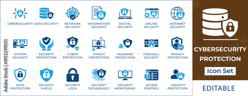 Cybersecurity protection icon set featuring data security, network safety, information privacy, system shield, malware protection, access control, and digital identity symbols.