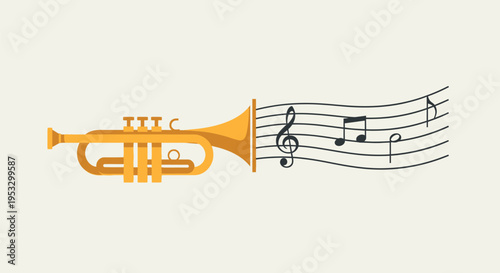 Golden Trumpet with Musical Notes Illustration.