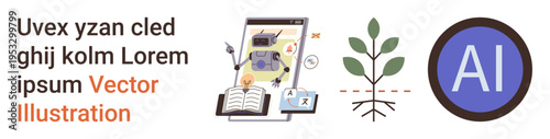 Artificial intelligence, translation tools, education, language learning, sustainability, environmental balance. A robot within a tablet, translation elements and a growing plant. AI tools