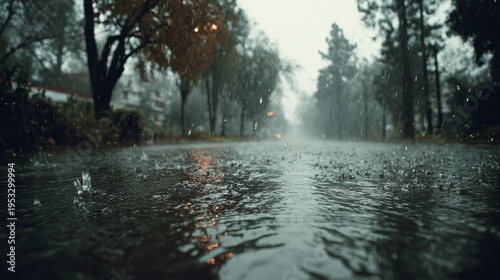 Heavy rain in the park with wet trees and roads covered in droplets, blurred background, spring weather, wide-angle perspective, dynamic raindrops, refreshing and atmospheric scene