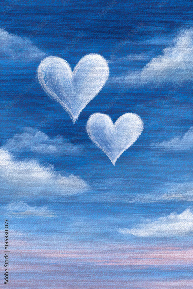 Fototapeta premium White cloud hearts floating in a deep blue sky with soft pastel horizon, dreamy romantic illustration conveying love, serenity, and peaceful atmosphere.