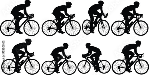 Cyclist silhouettes set with road bike riders in motion isolated on white background, cycling sport activity, fitness training, racing concept, dynamic movement collection