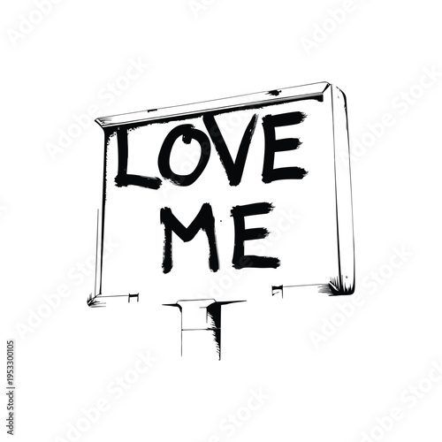 Black and white illustration of a roadside billboard with graffiti text "LOVE ME", urban street art style vector