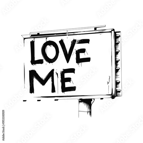 Black and white illustration of a roadside billboard with graffiti text "LOVE ME", urban street art style vector