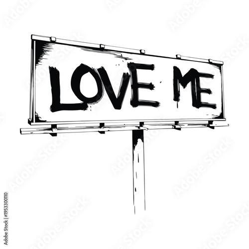 Black and white illustration of a roadside billboard with graffiti text "LOVE ME", urban street art style vector