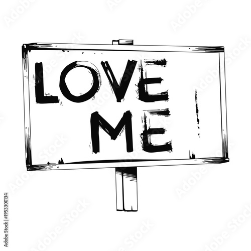Black and white illustration of a roadside billboard with graffiti text "LOVE ME", urban street art style vector