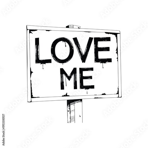 Black and white illustration of a roadside billboard with graffiti text "LOVE ME", urban street art style vector